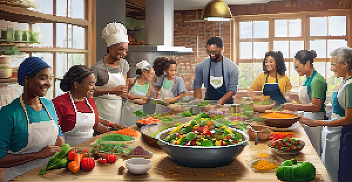A diverse group of people participating in a community cooking class, surrounded by fresh vegetables and herbs, with warm lighting creating a welcoming atmosphere.