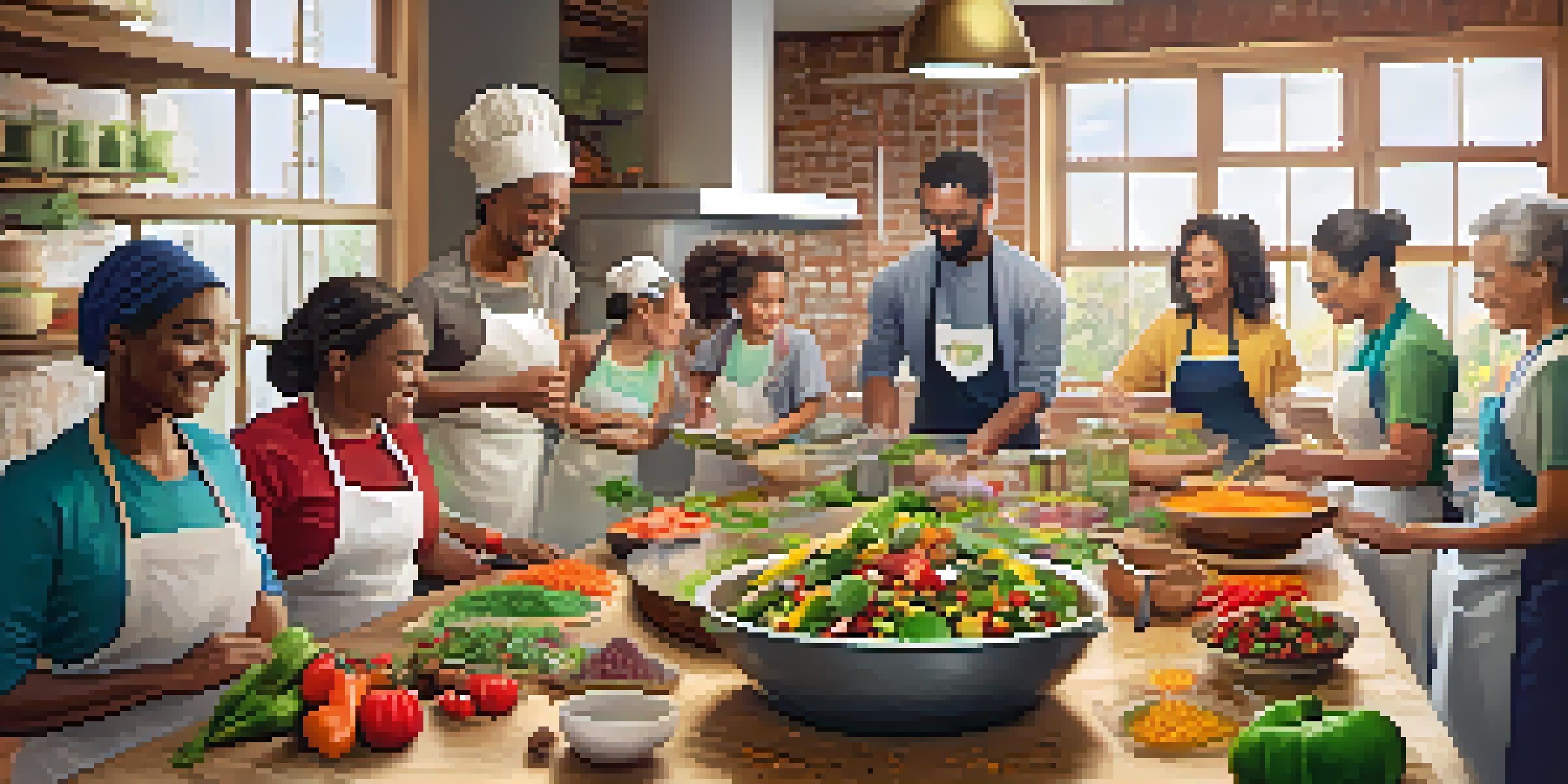 A diverse group of people participating in a community cooking class, surrounded by fresh vegetables and herbs, with warm lighting creating a welcoming atmosphere.