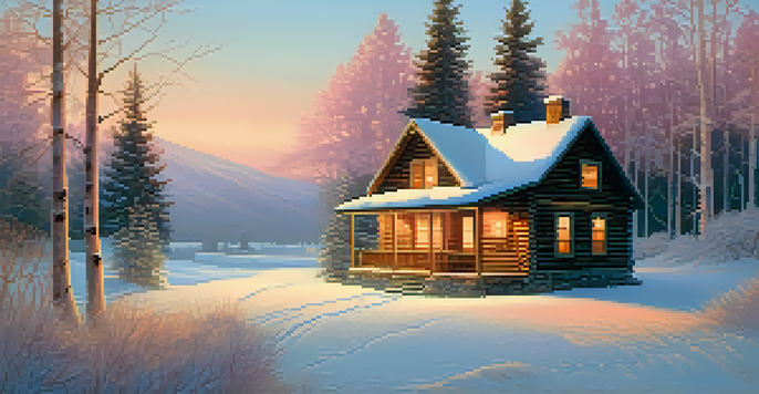 A winter landscape with a cozy cabin in the snow, illuminated by soft sunlight.