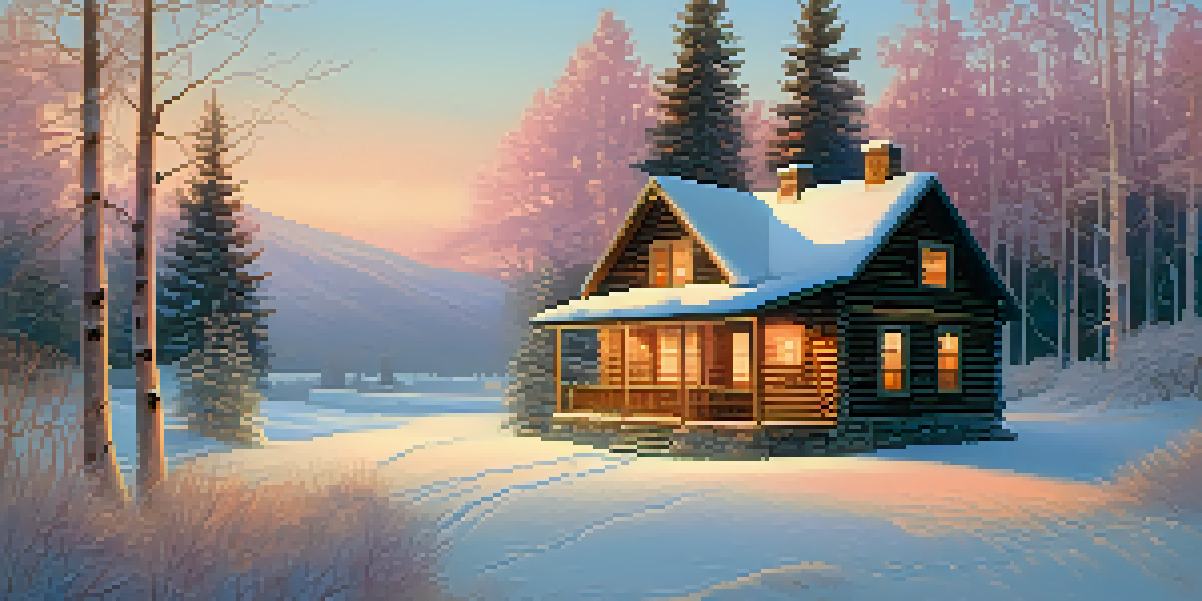 A winter landscape with a cozy cabin in the snow, illuminated by soft sunlight.