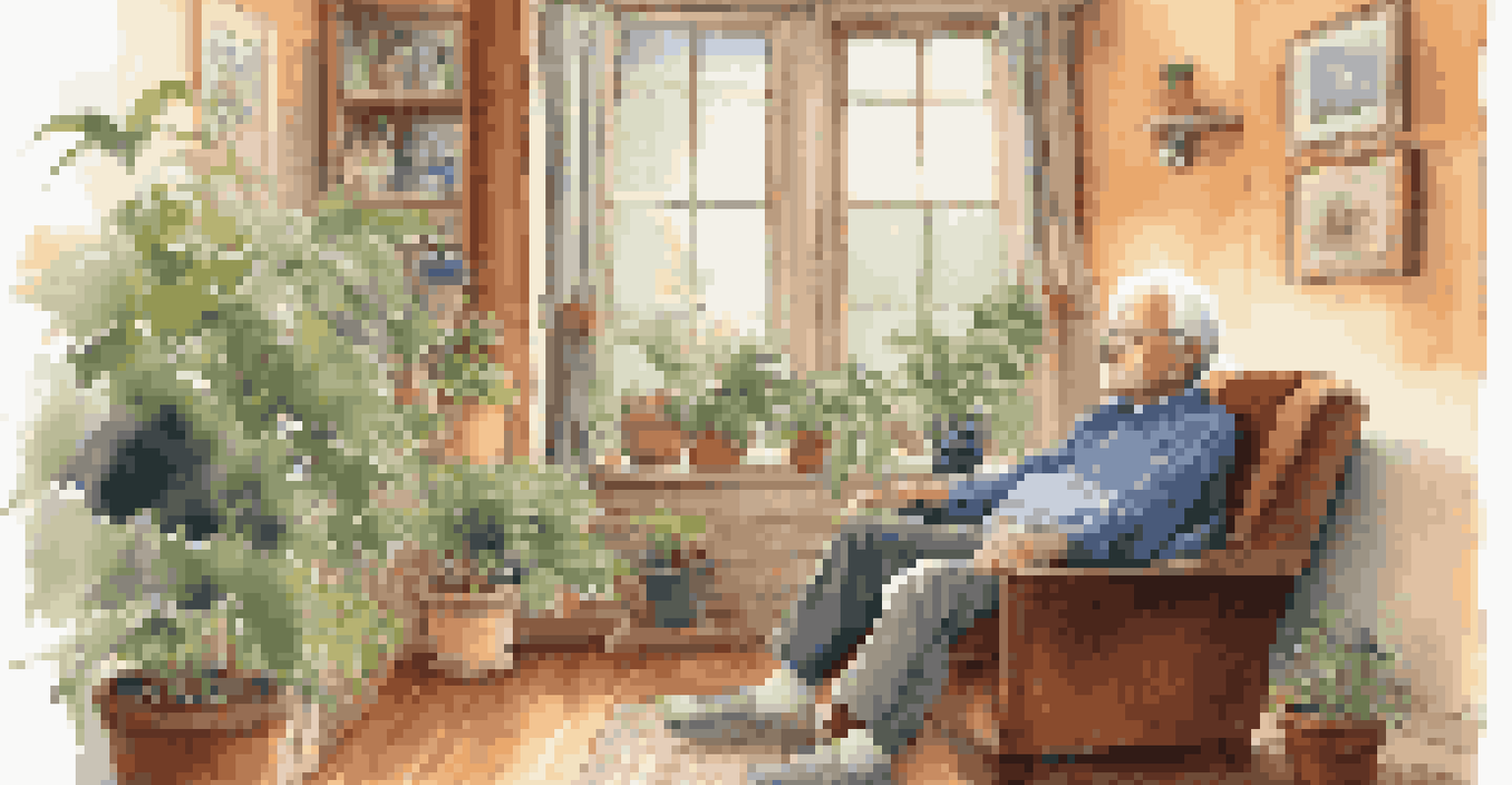 An elderly man with arthritis using a humidifier indoors while it's raining outside.
