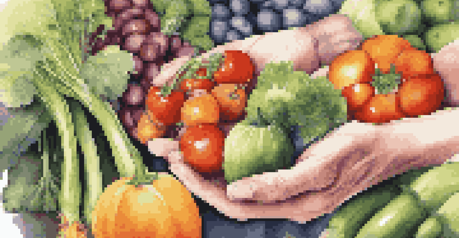 Close-up of hands holding fresh vegetables and fruits, with a blurred community garden in the background.