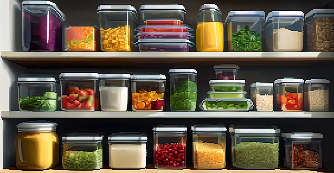A well-organized kitchen shelf showcasing various colorful meal prep containers filled with healthy foods, illuminated by soft natural light.