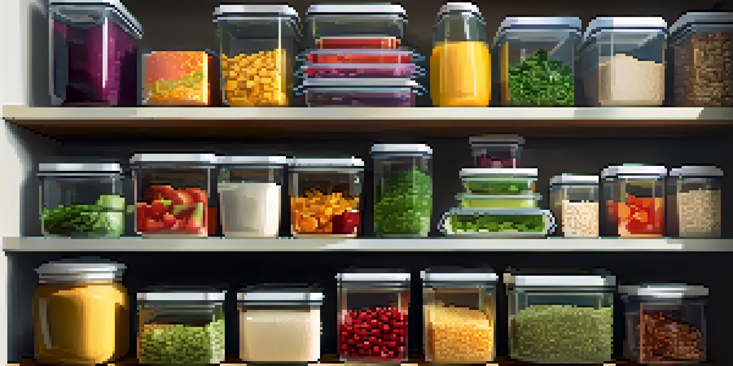 A well-organized kitchen shelf showcasing various colorful meal prep containers filled with healthy foods, illuminated by soft natural light.