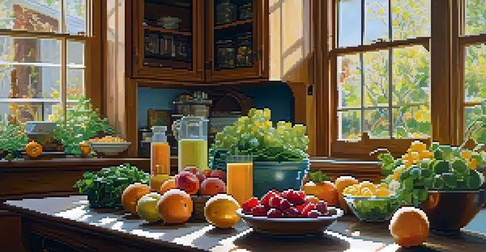 A bright kitchen with a table set for a healthy meal featuring colorful fruits and vegetables, illuminated by natural sunlight.