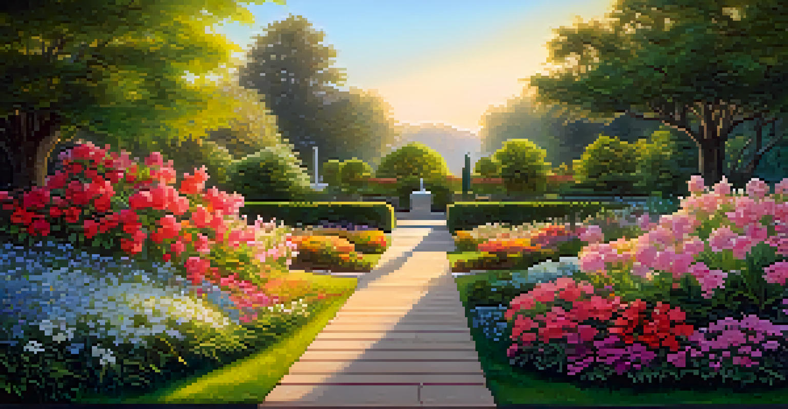 A peaceful garden at dawn with flowers, a pathway, and a person practicing mindfulness.
