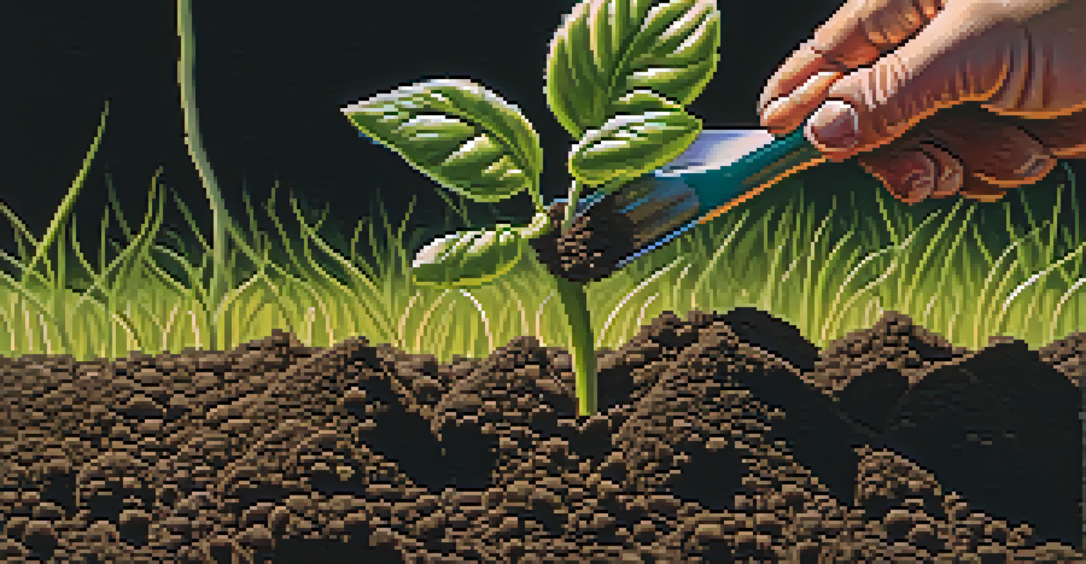 Close-up of hands planting a young tomato seedling in dark, rich soil, with sunlight highlighting the textures of the soil and plant.