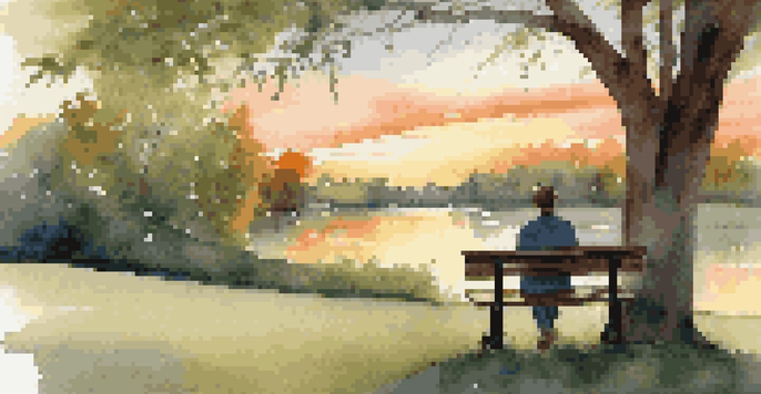 A person journaling on a park bench during sunset, surrounded by nature.