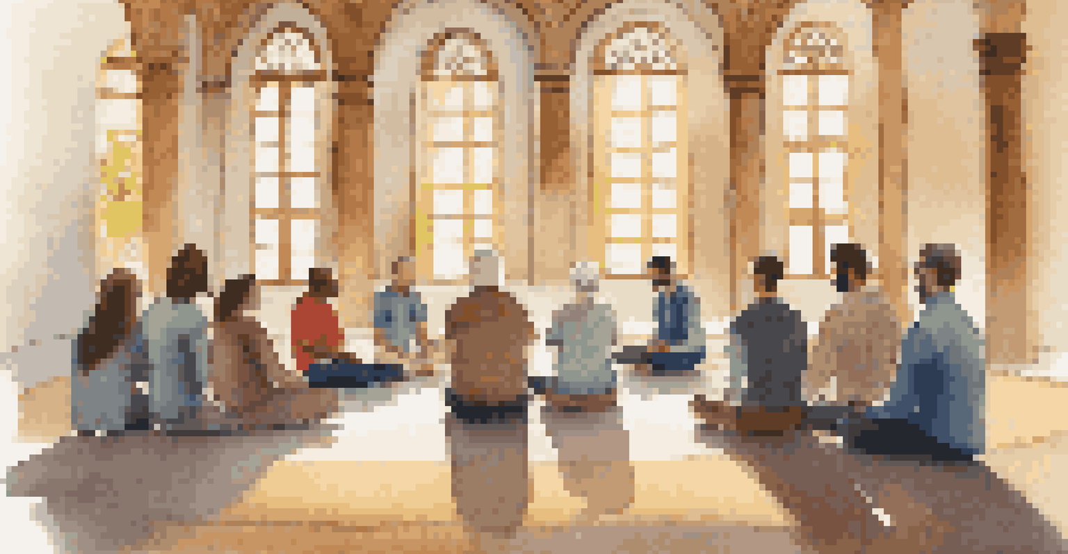 A mental health workshop in a synagogue, with individuals sharing experiences in a warm and calming environment.