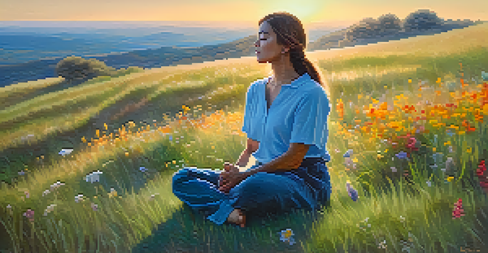 A person meditating on a grassy hill during sunset, surrounded by colorful wildflowers.