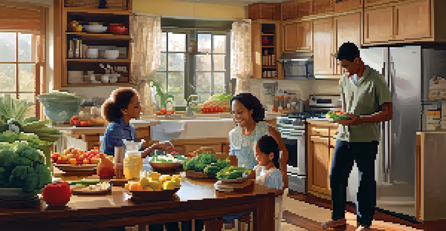 A family cooking together in a cozy kitchen, surrounded by fresh ingredients like fruits and vegetables, emphasizing the importance of healthy eating.