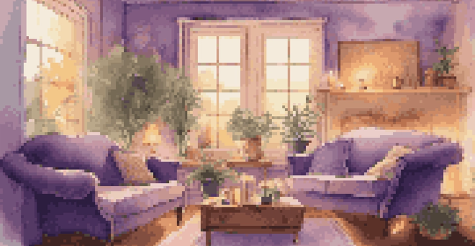 A couple relaxing in a cozy living room filled with warm lighting, candles, and a diffuser, creating an inviting atmosphere with essential oils.