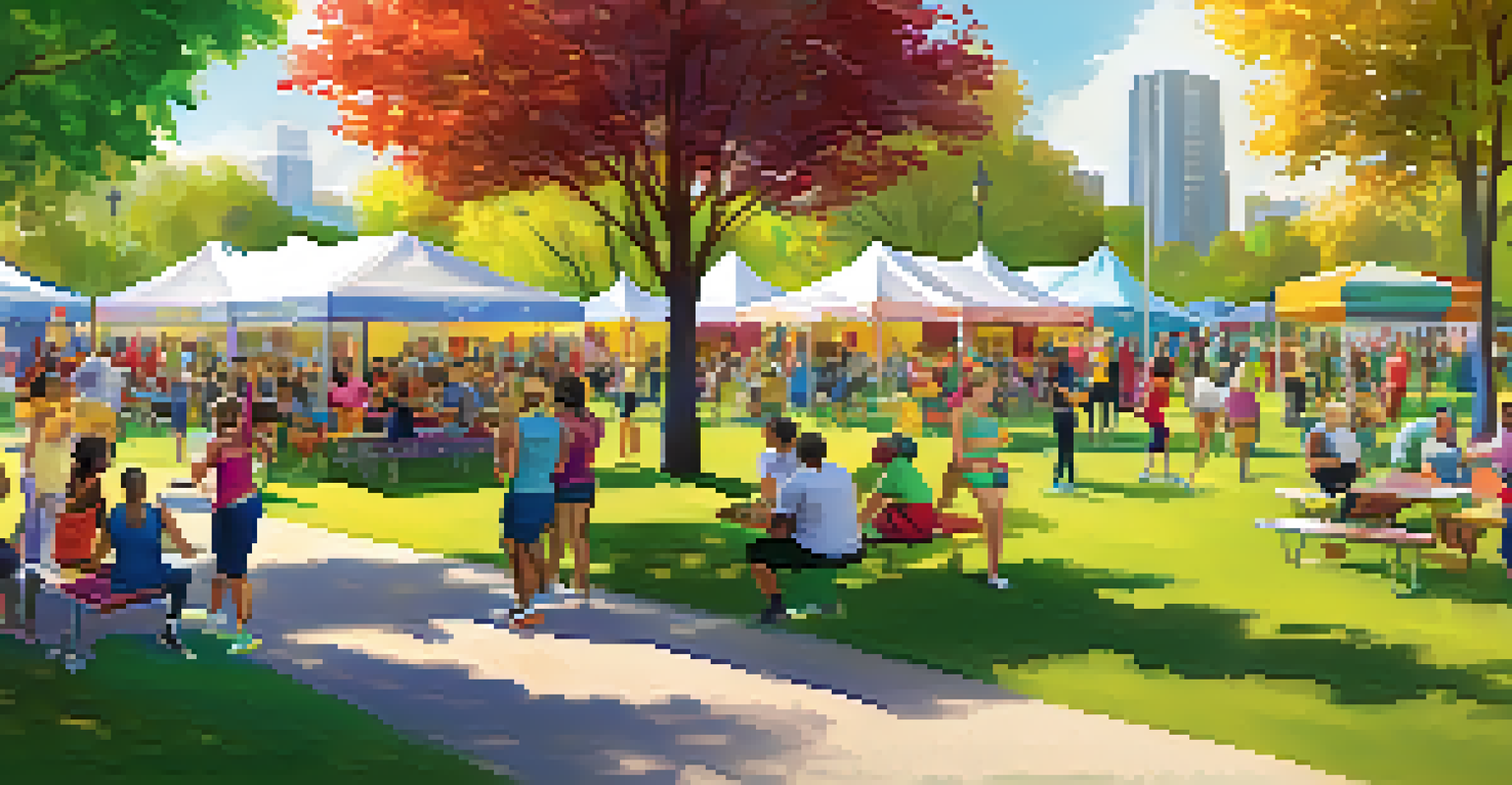 A lively community wellness event in a park, with booths and people engaging in healthy activities.