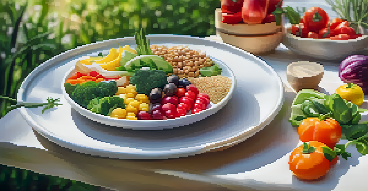 A colorful plate of healthy food featuring vegetables and grains, set against a blurred outdoor background.