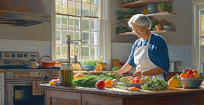 An older adult in a bright kitchen, preparing a healthy meal with colorful fruits and vegetables.