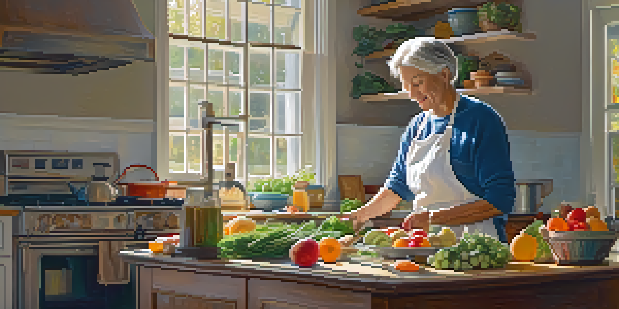 An older adult in a bright kitchen, preparing a healthy meal with colorful fruits and vegetables.
