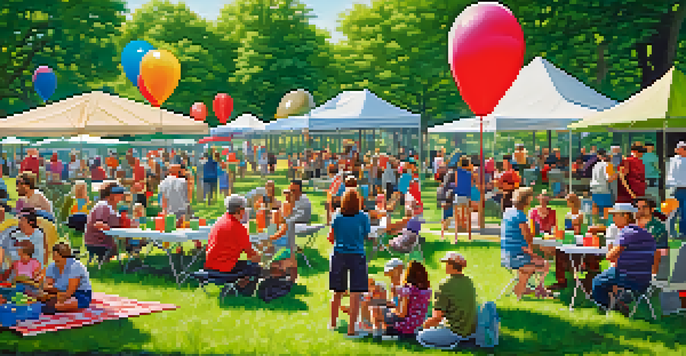 A lively community event in a park with people gardening, painting, and socializing.