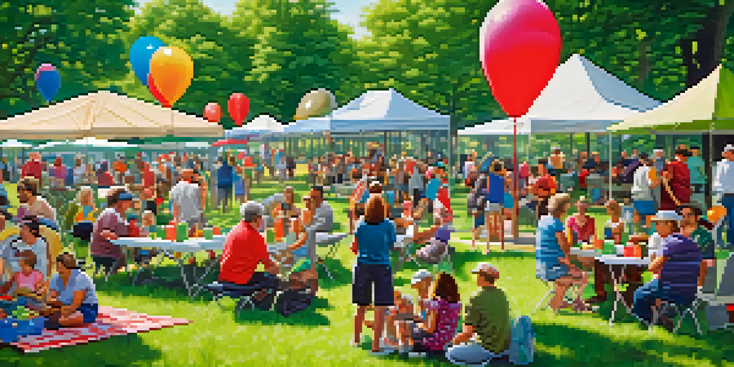 A lively community event in a park with people gardening, painting, and socializing.