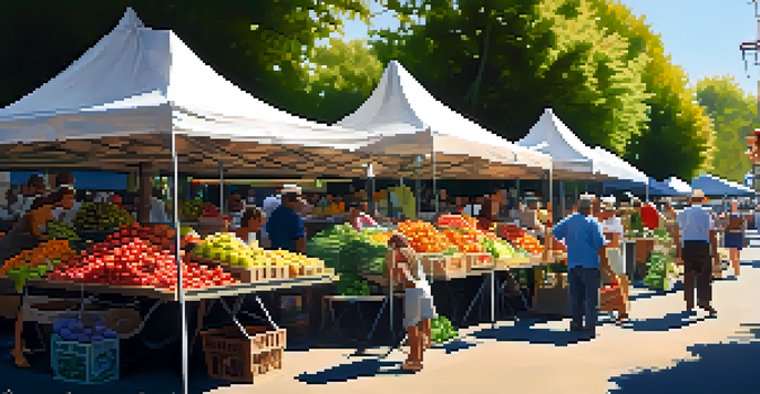 A bustling farmer's market filled with colorful fruits and vegetables, with sunlight filtering through leaves and people interacting.