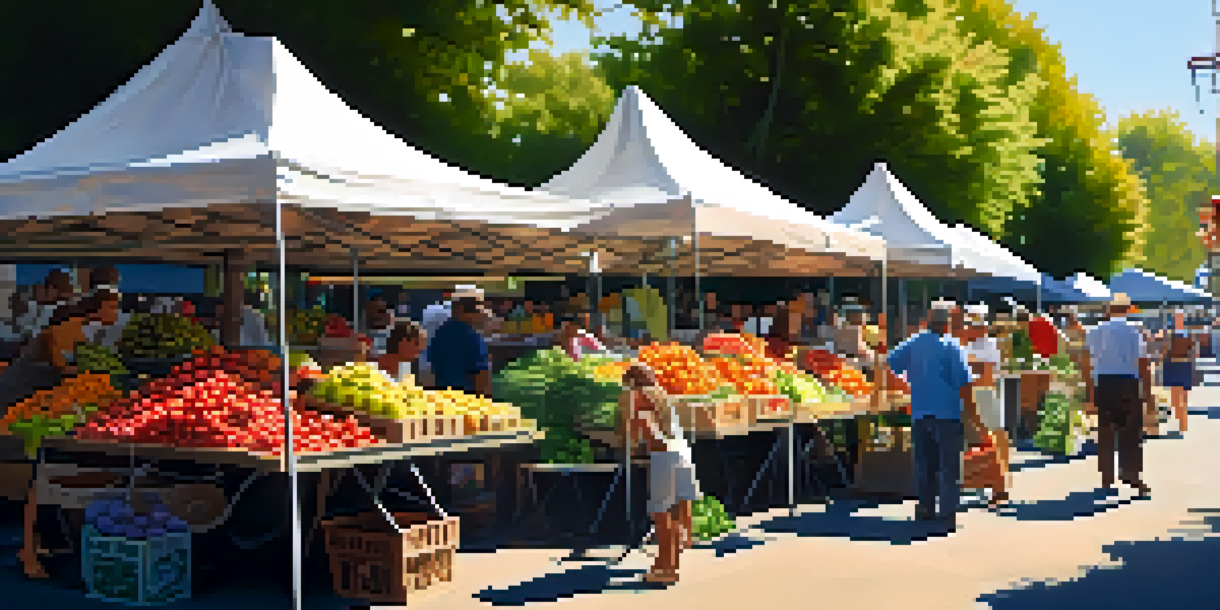 A bustling farmer's market filled with colorful fruits and vegetables, with sunlight filtering through leaves and people interacting.