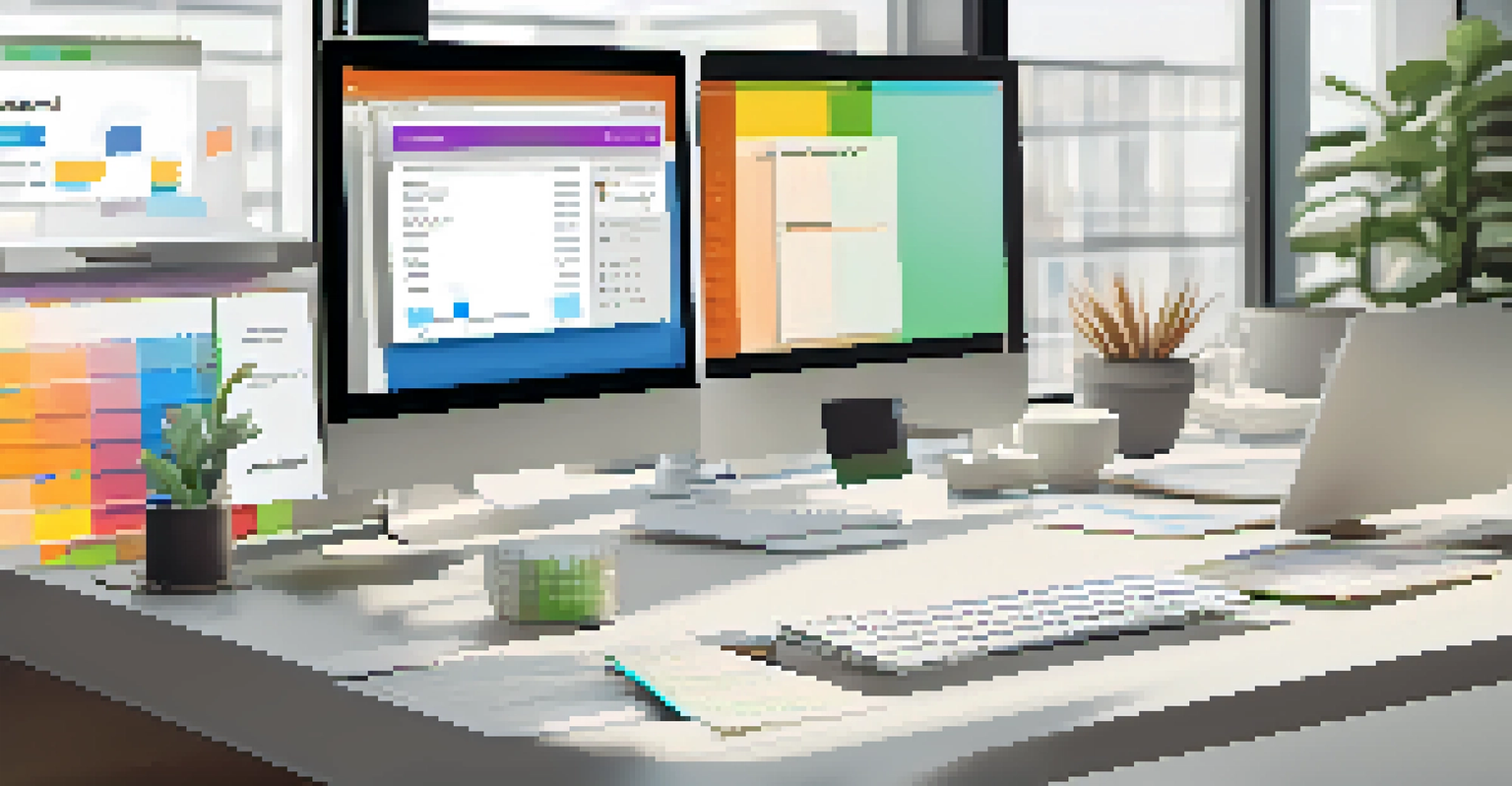 A computer screen showing a project management app with colorful task cards, set on a clean desk.