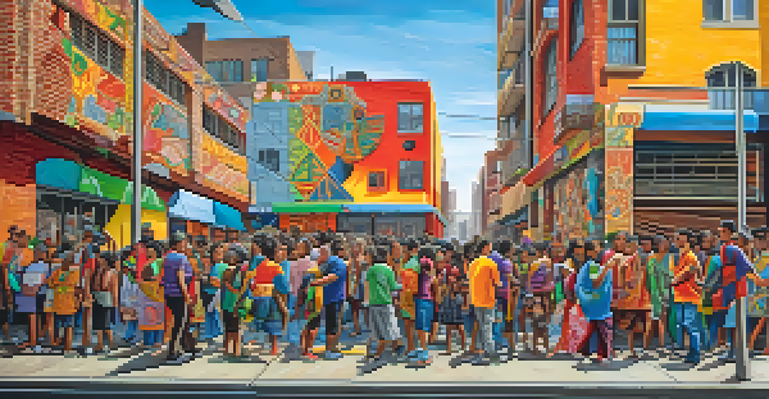 A colorful mural illustrating resilience across cultures, with diverse individuals depicted overcoming challenges in an urban setting.
