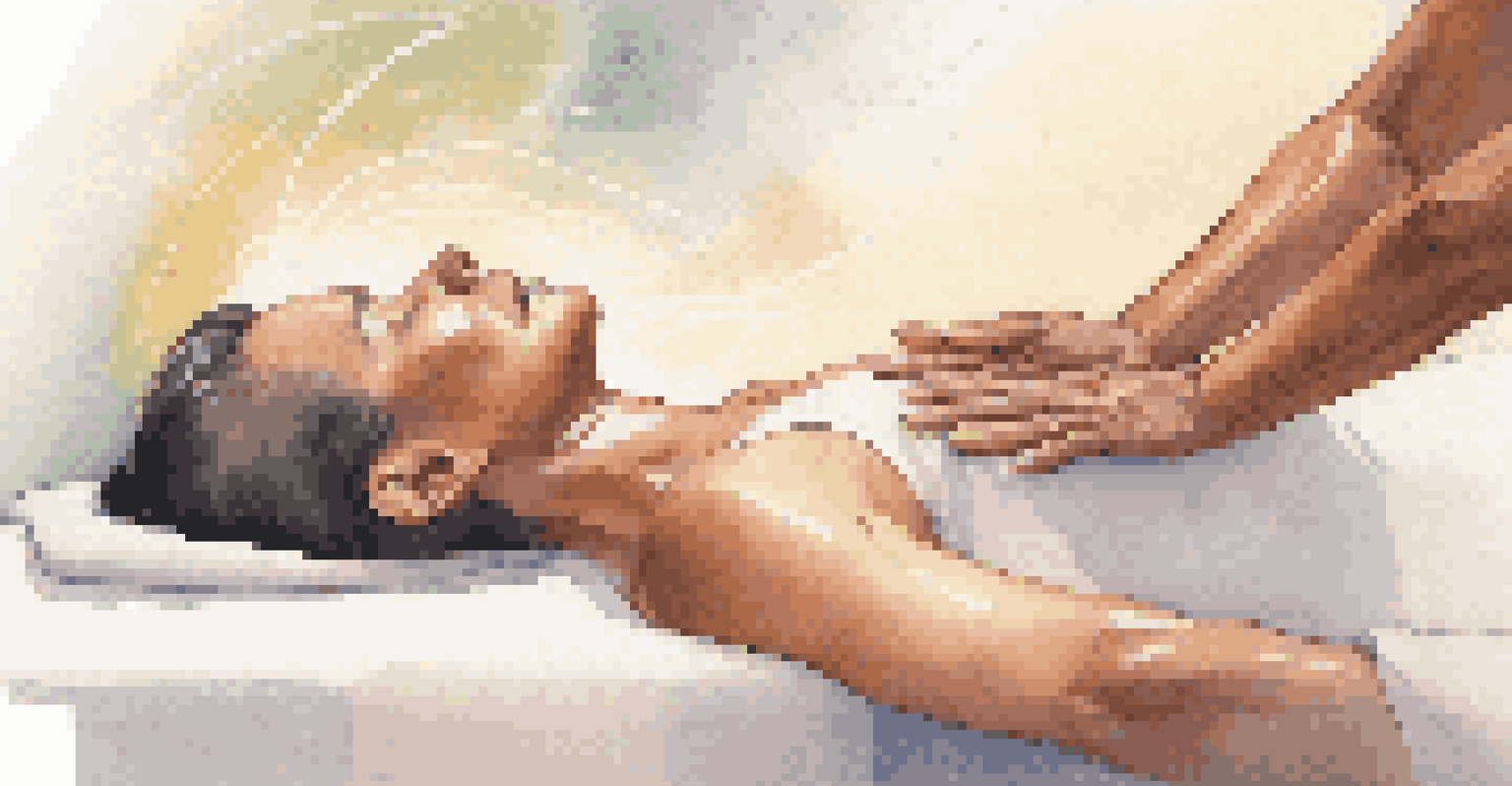 A practitioner performing Reiki on a client, with visible energy waves flowing, highlighting the connection and healing process.