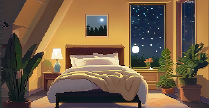 A cozy bedroom at night, with a soft bed and warm lighting, and a starry sky visible through the window.