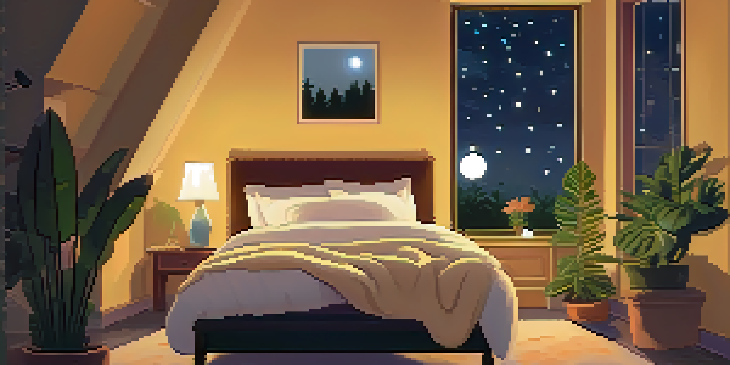 A cozy bedroom at night, with a soft bed and warm lighting, and a starry sky visible through the window.