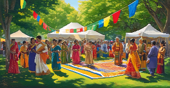 A diverse group of people celebrating a cultural festival in a park, with colorful decorations and traditional clothing under the sunlight.
