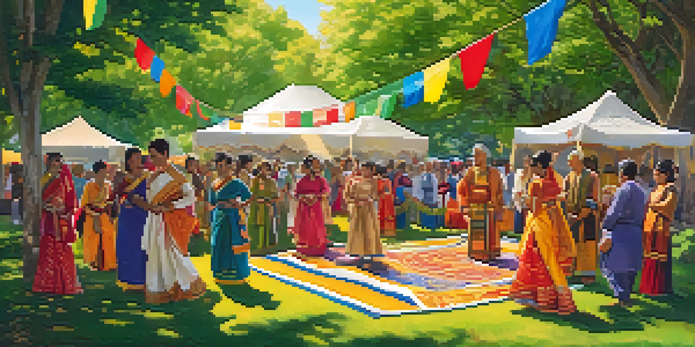 A diverse group of people celebrating a cultural festival in a park, with colorful decorations and traditional clothing under the sunlight.
