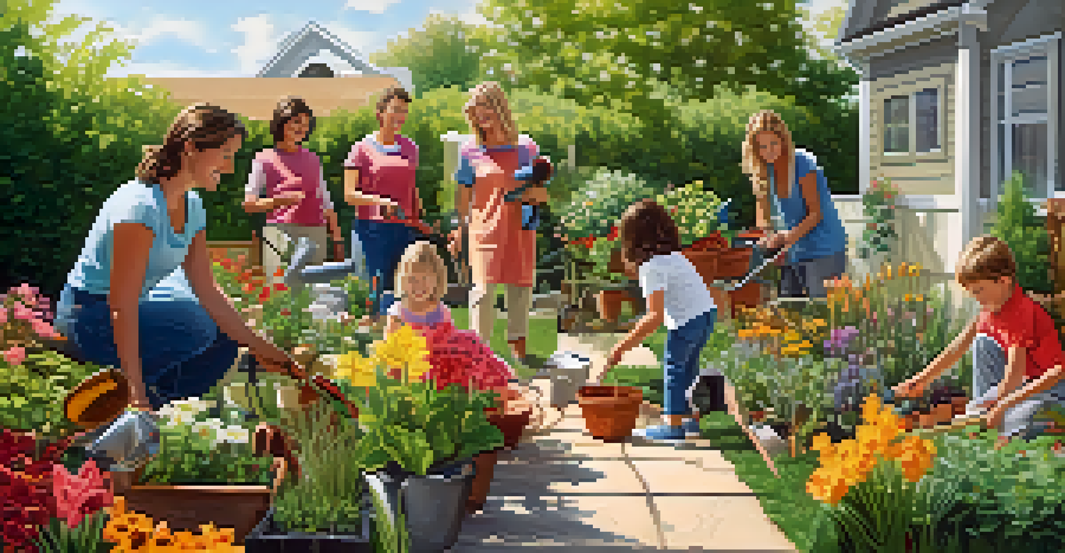 A family gardening together in a sunny backyard, showcasing teamwork and healthy activities.