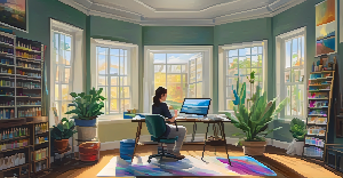 A bright and inviting office corner with a person sketching, surrounded by art supplies and plants, creating a peaceful atmosphere.