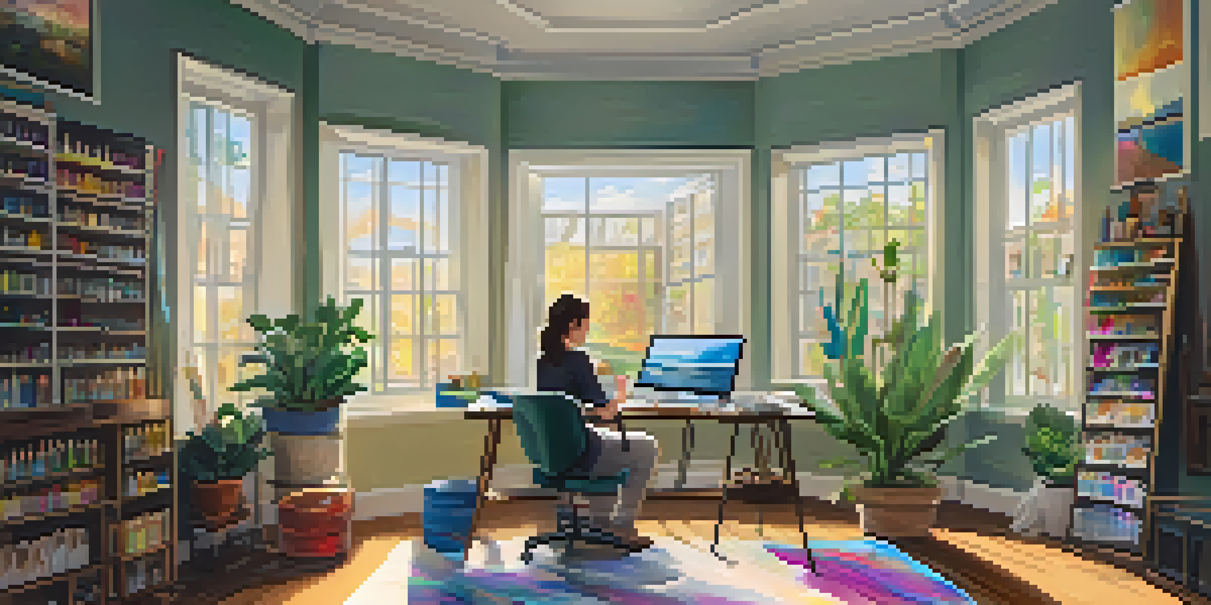 A bright and inviting office corner with a person sketching, surrounded by art supplies and plants, creating a peaceful atmosphere.