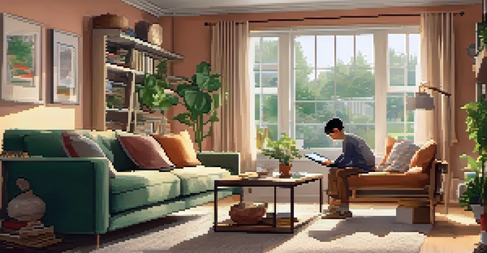 A parent and child sitting on a sofa, using a tablet together in a cozy living room.