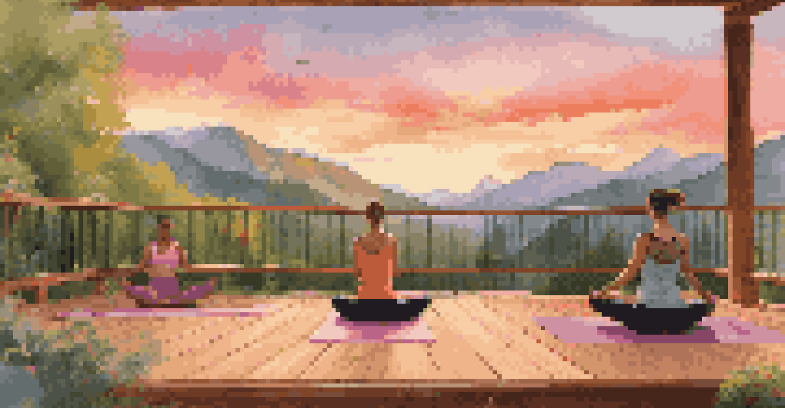 Yoga practitioners on a wooden deck at sunset, overlooking a mountain range, surrounded by trees and flowers.