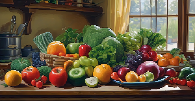 An assortment of fresh fruits and vegetables displayed on a wooden table, with warm natural lighting creating a cozy kitchen ambiance.