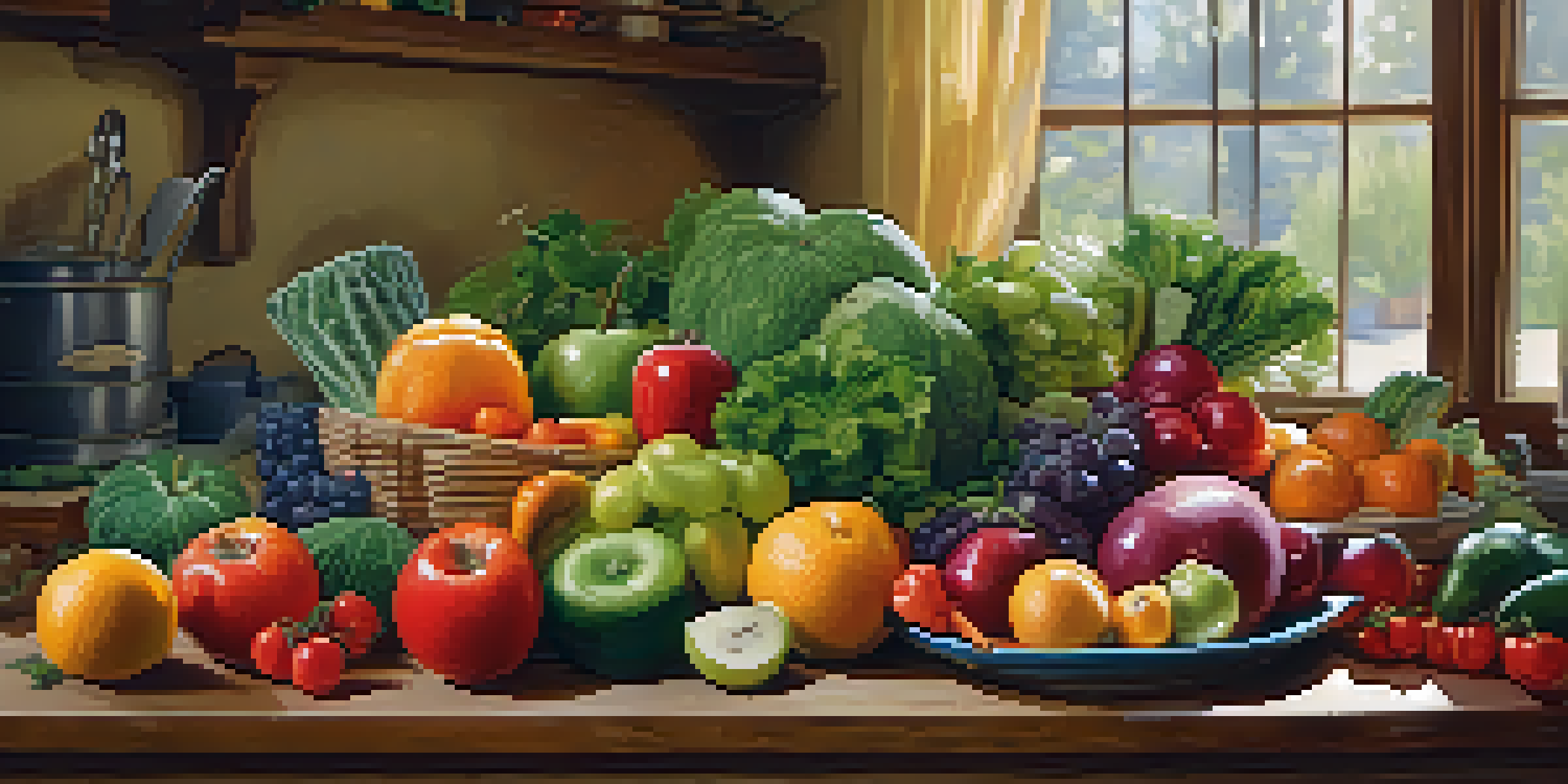 An assortment of fresh fruits and vegetables displayed on a wooden table, with warm natural lighting creating a cozy kitchen ambiance.
