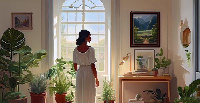 A person smiling in front of a mirror, reciting positive affirmations in a sunlit room filled with plants.