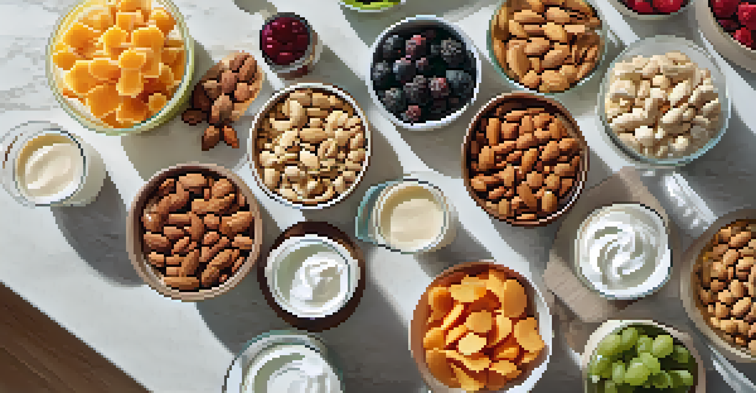 An organized snack station with healthy pre-portioned snacks in clear containers, set in a modern kitchen.