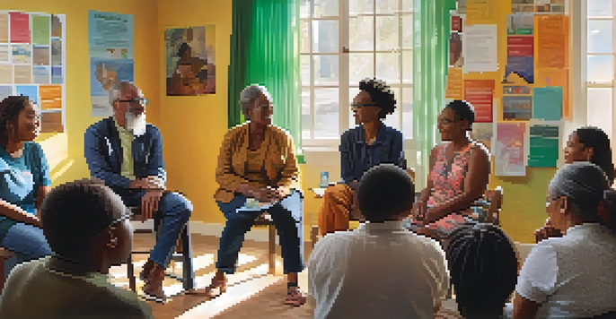 A community workshop with diverse individuals discussing health literacy in a bright room filled with posters.