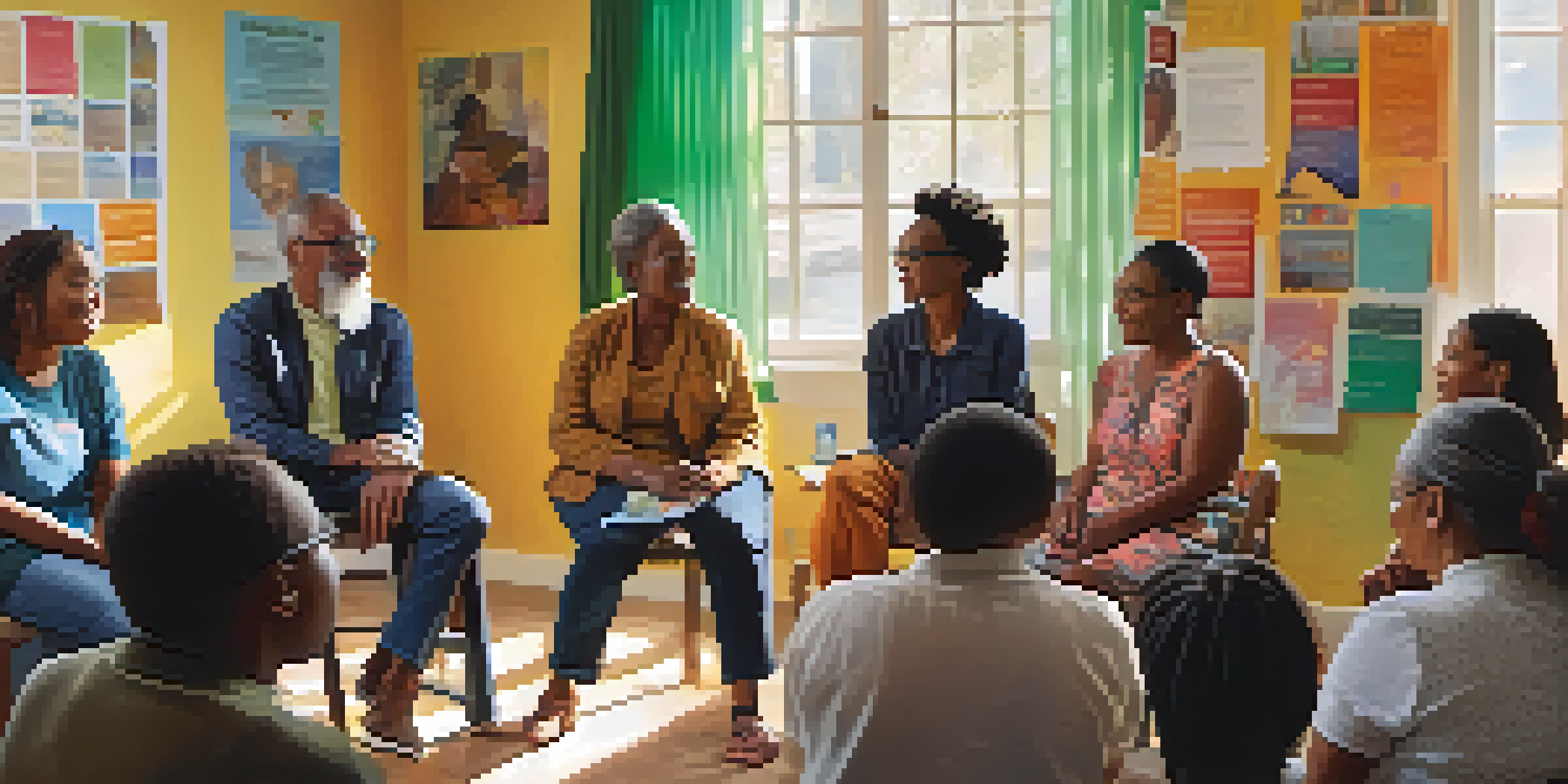 A community workshop with diverse individuals discussing health literacy in a bright room filled with posters.