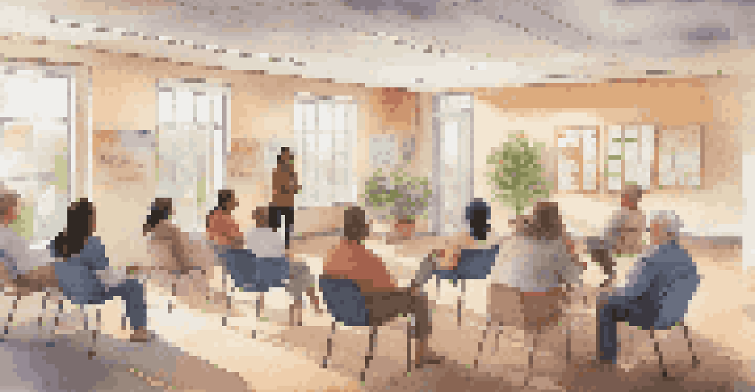 An interior of a community center with people attending a mental wellness workshop.