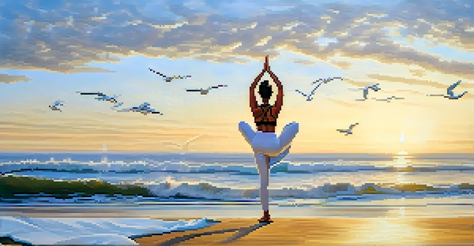 A woman practicing yoga on a beach at sunrise, surrounded by calm waves and seagulls, depicting peace and tranquility.