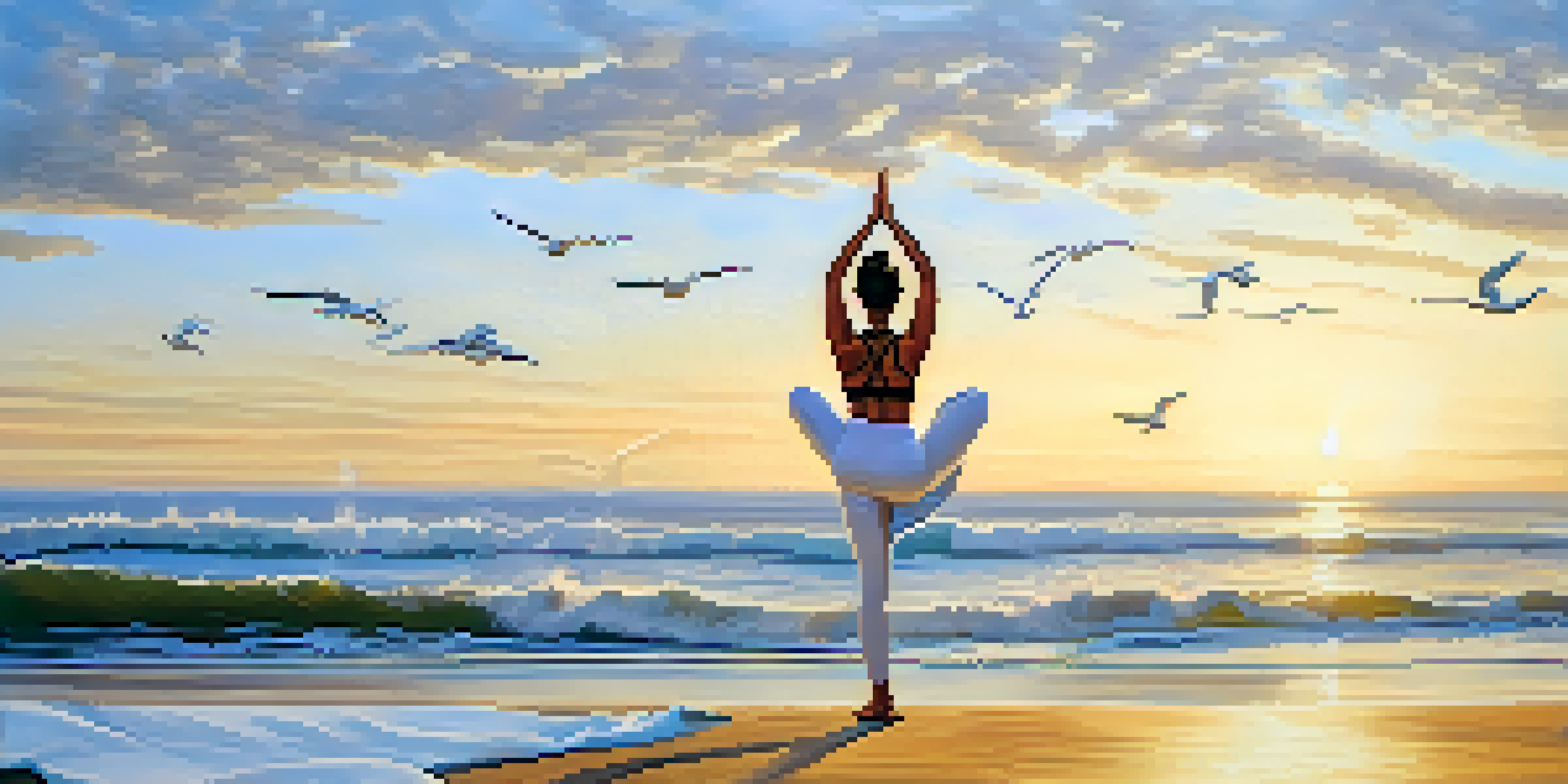 A woman practicing yoga on a beach at sunrise, surrounded by calm waves and seagulls, depicting peace and tranquility.