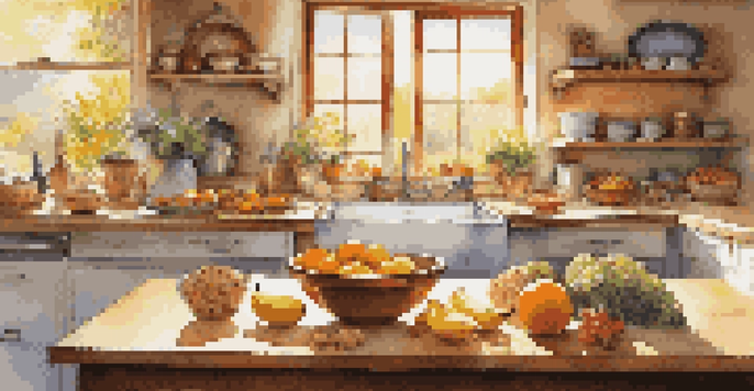 A bright kitchen showcasing a variety of healthy foods, including fruits, whole grains, and nuts, with sunlight streaming in.