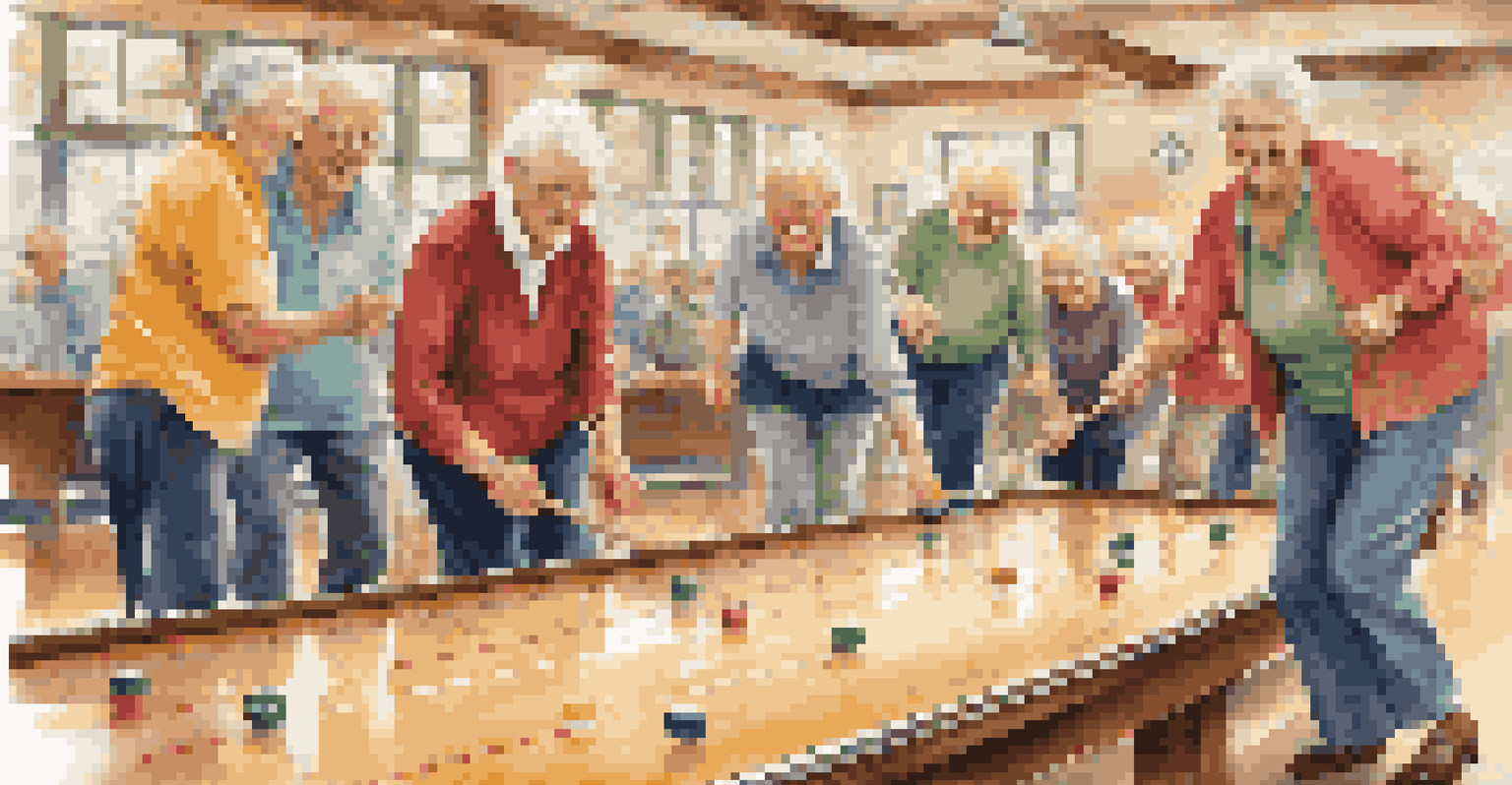 A group of seniors enjoying a game of shuffleboard in a decorated community center.