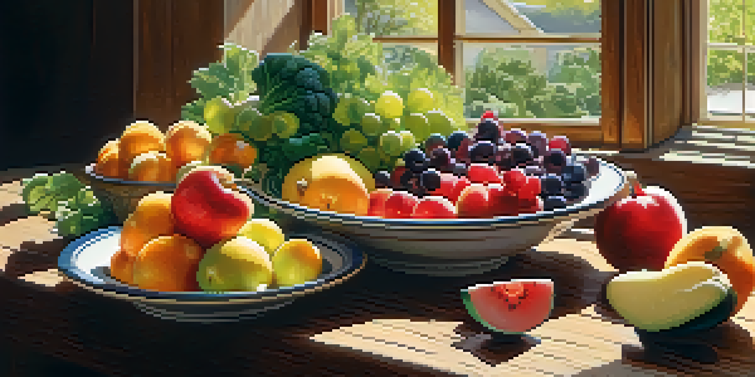 A colorful plate of fruits and vegetables on a wooden table, illuminated by soft sunlight.