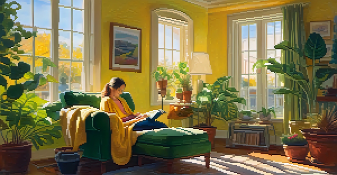 A person enjoying light therapy in a cozy room filled with plants, reading a book by a sunlit window.