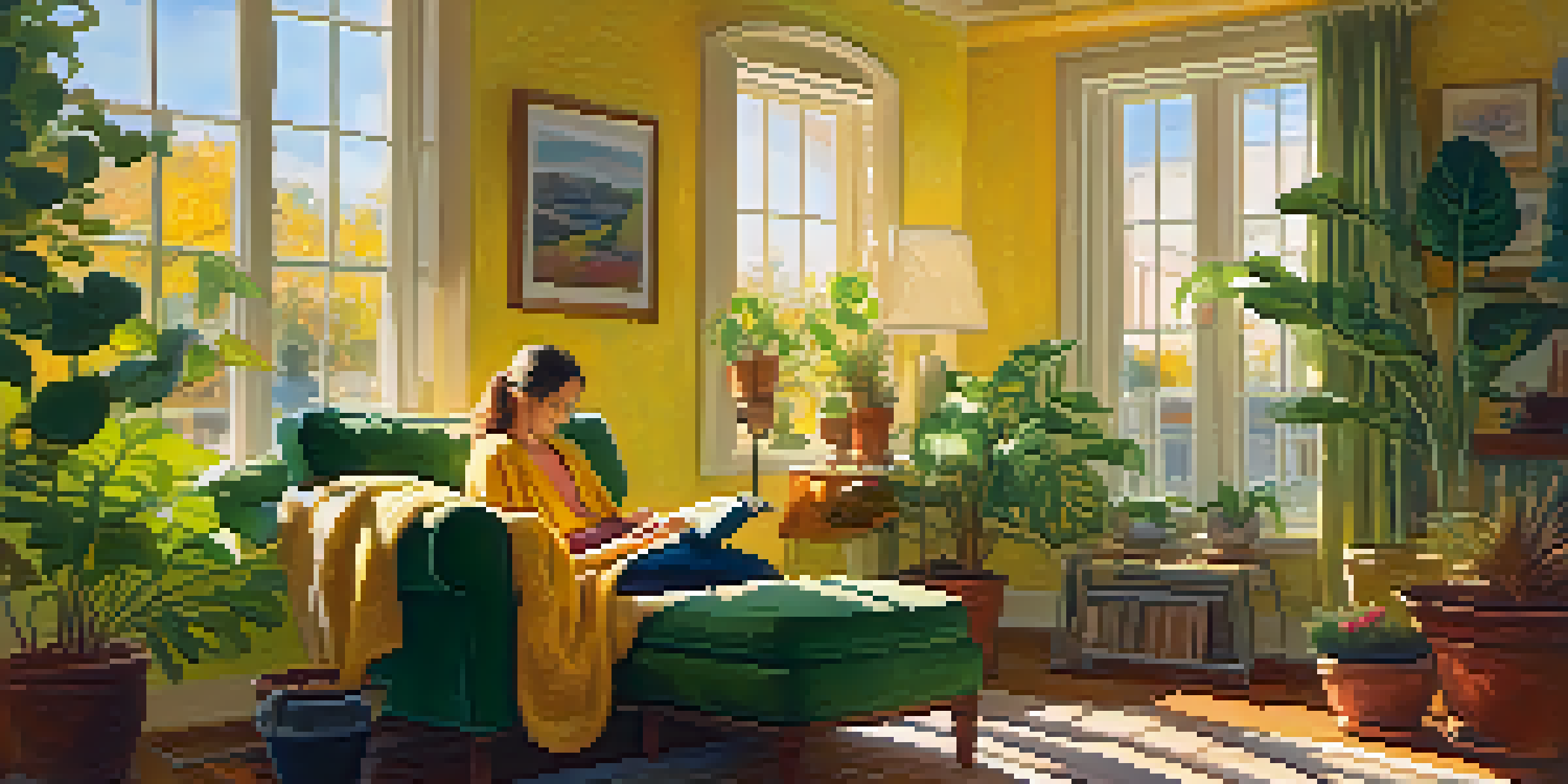 A person enjoying light therapy in a cozy room filled with plants, reading a book by a sunlit window.